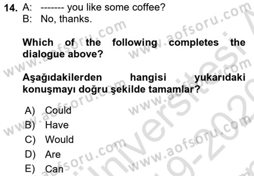 Ingilizce 1 Dersi 2019 - 2020 Yılı (Final) Dönem Sonu Sınav Soruları 14. Soru