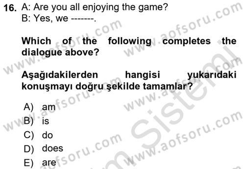 Ingilizce 1 Dersi 2019 - 2020 Yılı (Final) Dönem Sonu Sınav Soruları 16. Soru