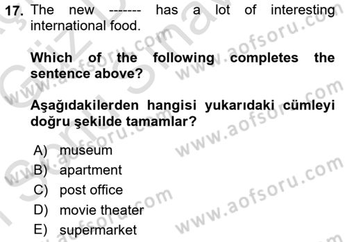 Ingilizce 1 Dersi 2019 - 2020 Yılı (Final) Dönem Sonu Sınav Soruları 17. Soru