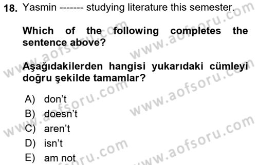 Ingilizce 1 Dersi 2019 - 2020 Yılı (Final) Dönem Sonu Sınav Soruları 18. Soru
