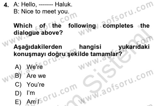 Ingilizce 1 Dersi 2019 - 2020 Yılı (Final) Dönem Sonu Sınav Soruları 4. Soru