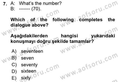 Ingilizce 1 Dersi 2019 - 2020 Yılı (Final) Dönem Sonu Sınav Soruları 7. Soru