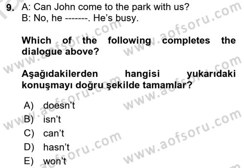 Ingilizce 1 Dersi 2019 - 2020 Yılı (Final) Dönem Sonu Sınav Soruları 9. Soru