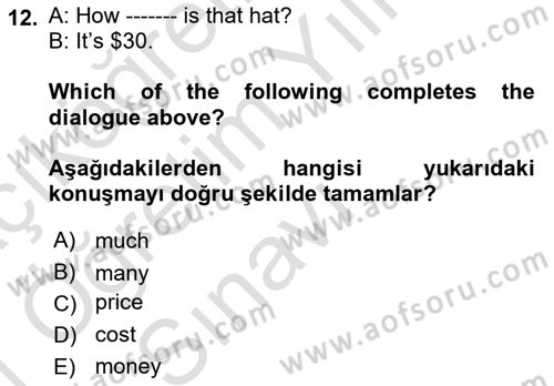 Ingilizce 1 Dersi 2020 - 2021 Yılı Yaz Okulu Sınav Soruları 12. Soru