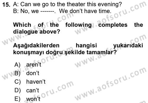 Ingilizce 1 Dersi 2020 - 2021 Yılı Yaz Okulu Sınav Soruları 15. Soru