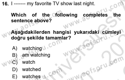 Ingilizce 1 Dersi 2020 - 2021 Yılı Yaz Okulu Sınav Soruları 16. Soru