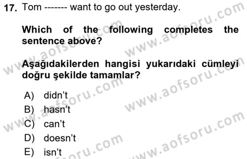 Ingilizce 1 Dersi 2020 - 2021 Yılı Yaz Okulu Sınav Soruları 17. Soru