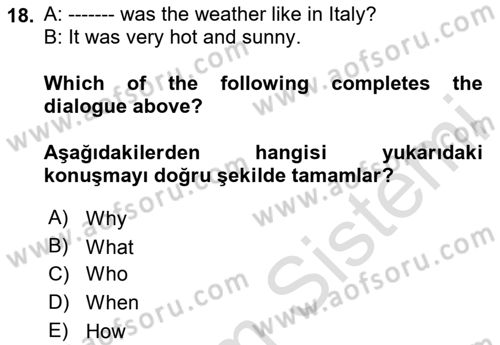 Ingilizce 1 Dersi 2020 - 2021 Yılı Yaz Okulu Sınav Soruları 18. Soru