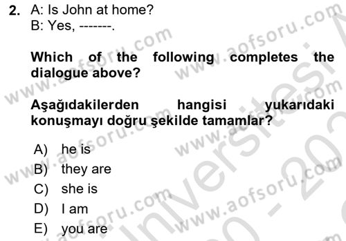Ingilizce 1 Dersi 2020 - 2021 Yılı Yaz Okulu Sınav Soruları 2. Soru