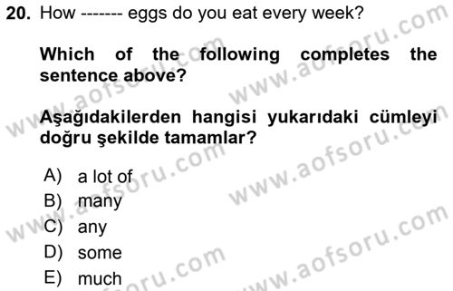 Ingilizce 1 Dersi 2020 - 2021 Yılı Yaz Okulu Sınav Soruları 20. Soru