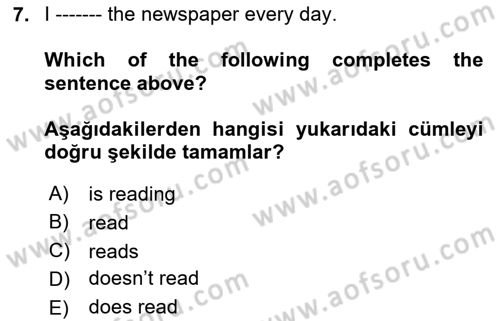 Ingilizce 1 Dersi 2020 - 2021 Yılı Yaz Okulu Sınav Soruları 7. Soru
