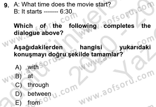 Ingilizce 1 Dersi 2020 - 2021 Yılı Yaz Okulu Sınav Soruları 9. Soru