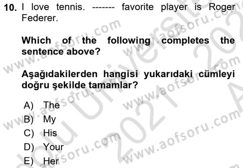 Ingilizce 1 Dersi 2021 - 2022 Yılı (Vize) Ara Sınavı 10. Soru