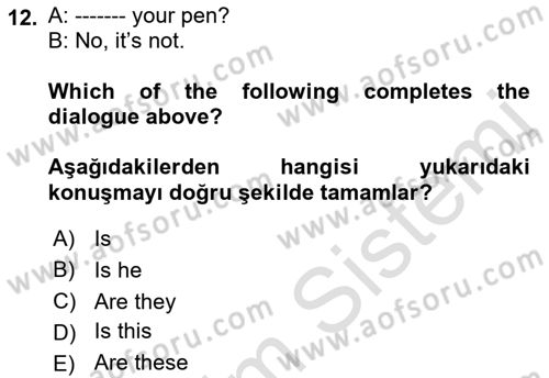 Ingilizce 1 Dersi 2021 - 2022 Yılı (Vize) Ara Sınavı 12. Soru