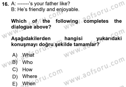 Ingilizce 1 Dersi 2021 - 2022 Yılı (Vize) Ara Sınavı 16. Soru