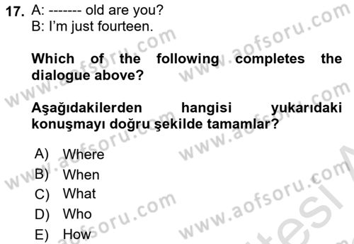 Ingilizce 1 Dersi 2021 - 2022 Yılı (Vize) Ara Sınavı 17. Soru