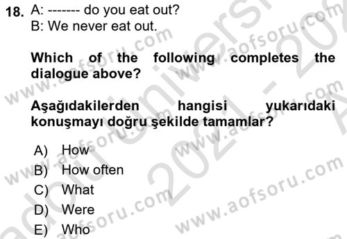 Ingilizce 1 Dersi 2021 - 2022 Yılı (Vize) Ara Sınavı 18. Soru