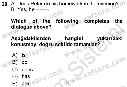Ingilizce 1 Dersi 2021 - 2022 Yılı (Vize) Ara Sınavı 20. Soru