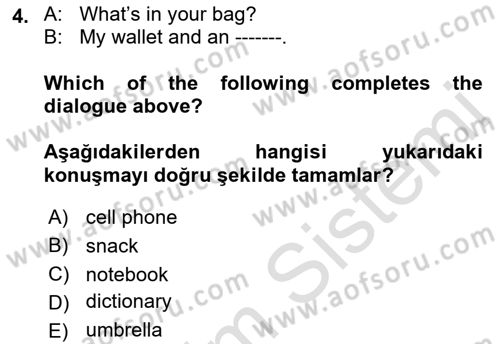 Ingilizce 1 Dersi 2021 - 2022 Yılı (Vize) Ara Sınavı 4. Soru