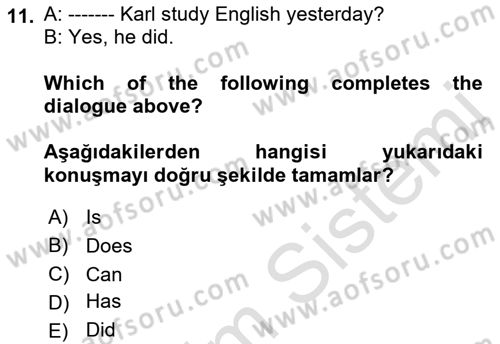 Ingilizce 1 Dersi 2021 - 2022 Yılı (Final) Dönem Sonu Sınav Soruları 11. Soru