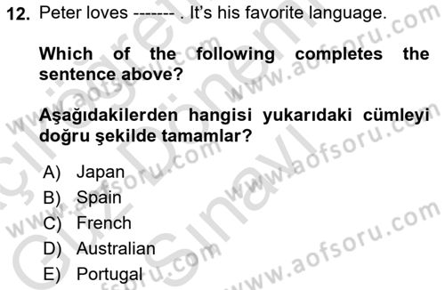 Ingilizce 1 Dersi 2021 - 2022 Yılı (Final) Dönem Sonu Sınav Soruları 12. Soru