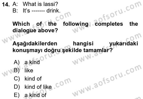 Ingilizce 1 Dersi 2021 - 2022 Yılı (Final) Dönem Sonu Sınav Soruları 14. Soru