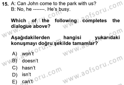 Ingilizce 1 Dersi 2021 - 2022 Yılı (Final) Dönem Sonu Sınav Soruları 15. Soru