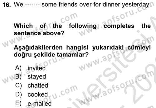 Ingilizce 1 Dersi 2021 - 2022 Yılı (Final) Dönem Sonu Sınav Soruları 16. Soru