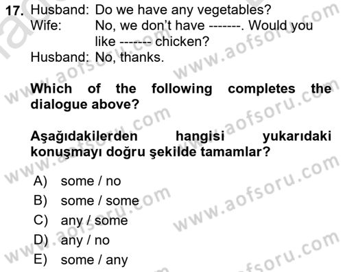 Ingilizce 1 Dersi 2021 - 2022 Yılı (Final) Dönem Sonu Sınav Soruları 17. Soru