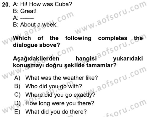 Ingilizce 1 Dersi 2021 - 2022 Yılı (Final) Dönem Sonu Sınav Soruları 20. Soru