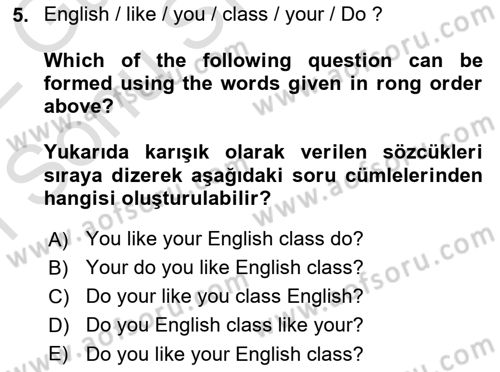 Ingilizce 1 Dersi 2021 - 2022 Yılı (Final) Dönem Sonu Sınav Soruları 5. Soru