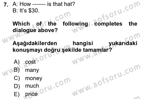 Ingilizce 1 Dersi 2021 - 2022 Yılı (Final) Dönem Sonu Sınav Soruları 7. Soru