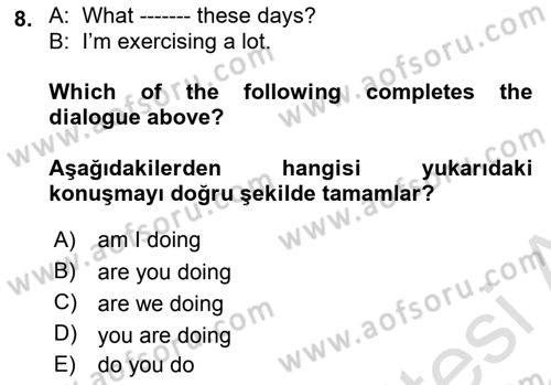 Ingilizce 1 Dersi 2021 - 2022 Yılı (Final) Dönem Sonu Sınav Soruları 8. Soru