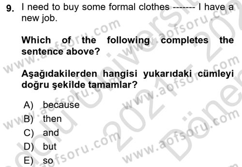 Ingilizce 1 Dersi 2021 - 2022 Yılı (Final) Dönem Sonu Sınav Soruları 9. Soru