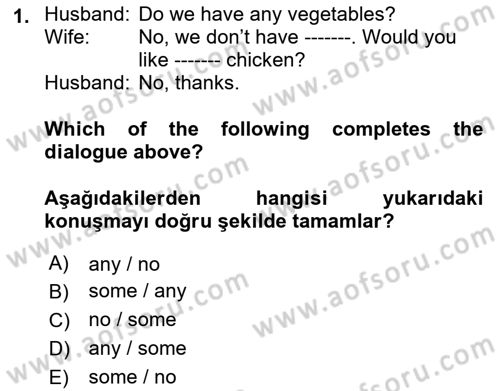 Ingilizce 1 Dersi 2021 - 2022 Yılı Yaz Okulu Sınav Soruları 1. Soru