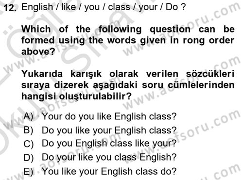 Ingilizce 1 Dersi 2021 - 2022 Yılı Yaz Okulu Sınav Soruları 12. Soru
