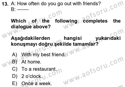 Ingilizce 1 Dersi 2021 - 2022 Yılı Yaz Okulu Sınav Soruları 13. Soru