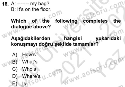 Ingilizce 1 Dersi 2021 - 2022 Yılı Yaz Okulu Sınav Soruları 16. Soru
