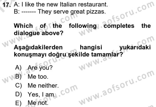 Ingilizce 1 Dersi 2021 - 2022 Yılı Yaz Okulu Sınav Soruları 17. Soru