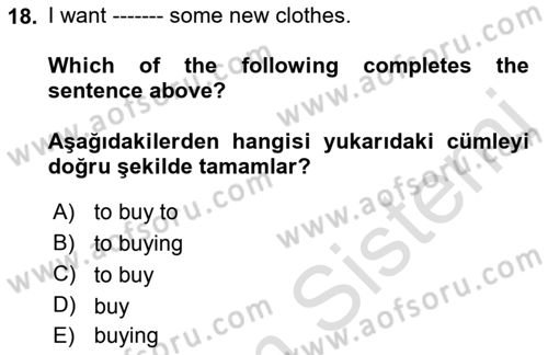 Ingilizce 1 Dersi 2021 - 2022 Yılı Yaz Okulu Sınav Soruları 18. Soru