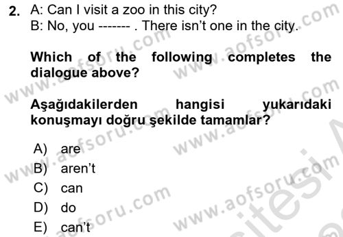 Ingilizce 1 Dersi 2021 - 2022 Yılı Yaz Okulu Sınav Soruları 2. Soru