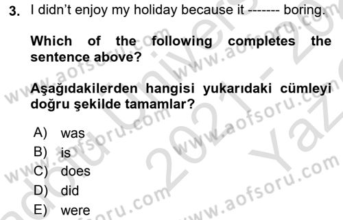 Ingilizce 1 Dersi 2021 - 2022 Yılı Yaz Okulu Sınav Soruları 3. Soru