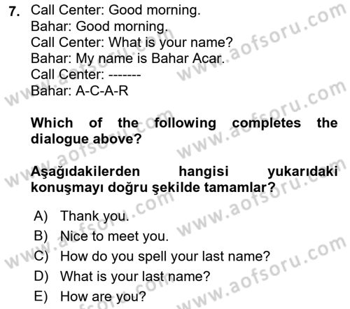 Ingilizce 1 Dersi 2021 - 2022 Yılı Yaz Okulu Sınav Soruları 7. Soru