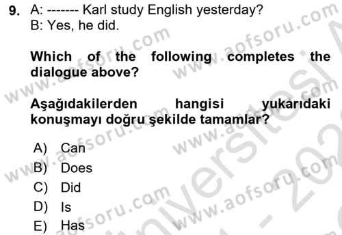 Ingilizce 1 Dersi 2021 - 2022 Yılı Yaz Okulu Sınav Soruları 9. Soru