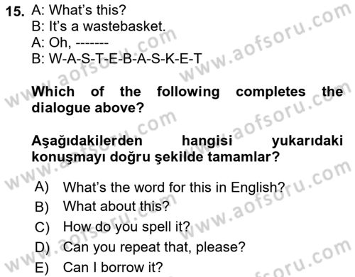 Ingilizce 1 Dersi 2022 - 2023 Yılı (Vize) Ara Sınavı 15. Soru