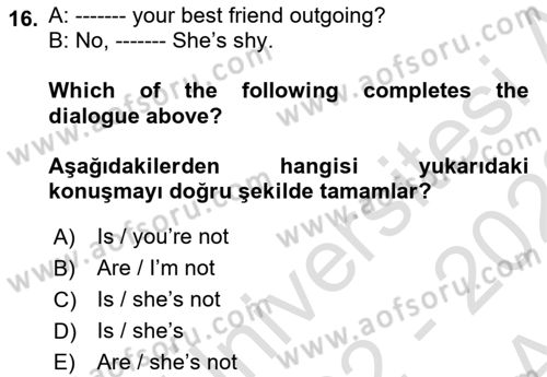 Ingilizce 1 Dersi 2022 - 2023 Yılı (Vize) Ara Sınavı 16. Soru