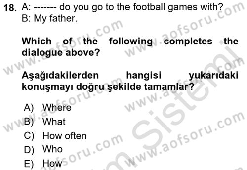 Ingilizce 1 Dersi 2022 - 2023 Yılı (Vize) Ara Sınavı 18. Soru