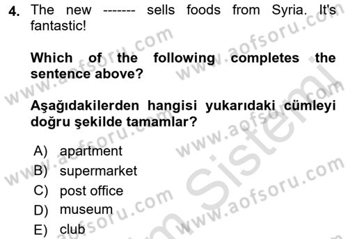 Ingilizce 1 Dersi 2022 - 2023 Yılı (Vize) Ara Sınavı 4. Soru