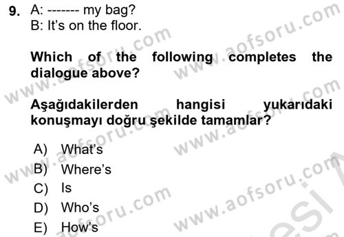Ingilizce 1 Dersi 2022 - 2023 Yılı (Vize) Ara Sınavı 9. Soru