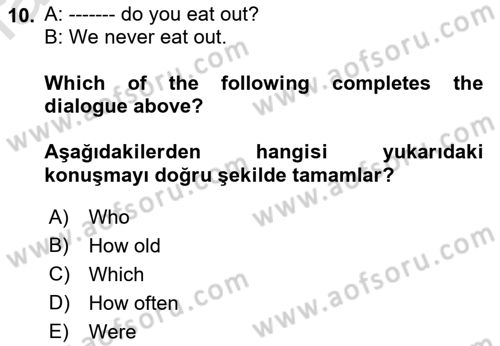 Ingilizce 1 Dersi 2022 - 2023 Yılı (Final) Dönem Sonu Sınavı 10. Soru